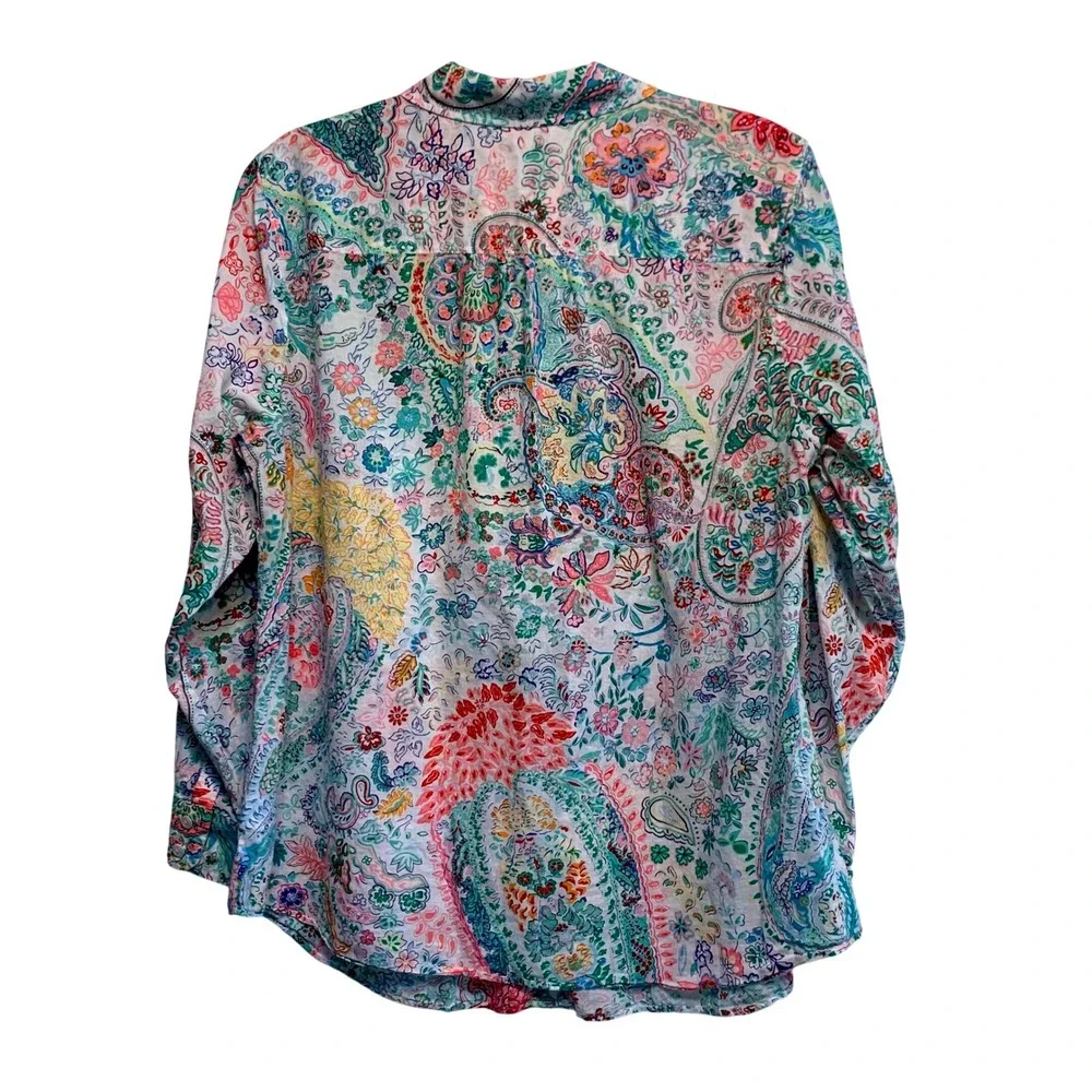Talbots Plus Button Down Shirt 1X Multi Color Paisley Floral Cotton Long Sleeve